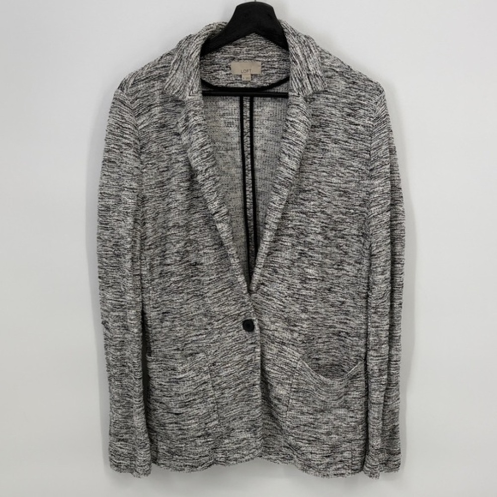 🦆 LOFT Black and White Textured knit cotton blend single button Jacket